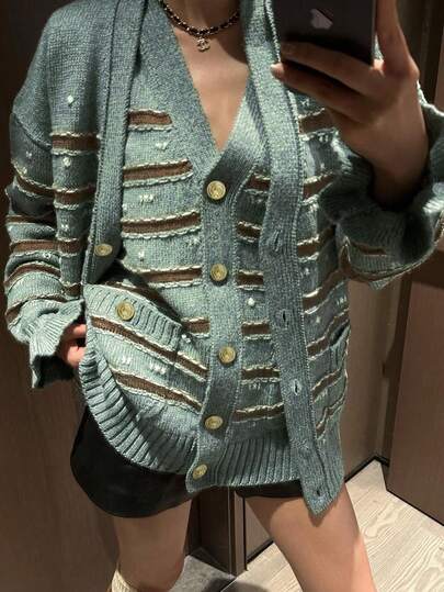 Blusa de mujer con bloques de color y rayas, suéter con cuello en V de manga larga con encaje y botones, adecuado para uso casual y de calle, apropiado para todas las estaciones y muy popular, atuendos de oficina para mujer, blusas de mujer, cárdigans de mujer, suéter navideño, atuendo de Acción de Gracias para mujer.