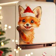 Pegatinas de pared con zorro asomándose con gorro de Papá Noel - Autoadhesivas y removibles, decoración de pared con estampado de animal de plástico para sala de estar, dormitorio, escuela - Fácil de aplicar, perfecta para decoración navideña y del Día de Acción de Gracias, decoración de ventanas, diseño alegre, fácil aplicación, decoraciones navideñas