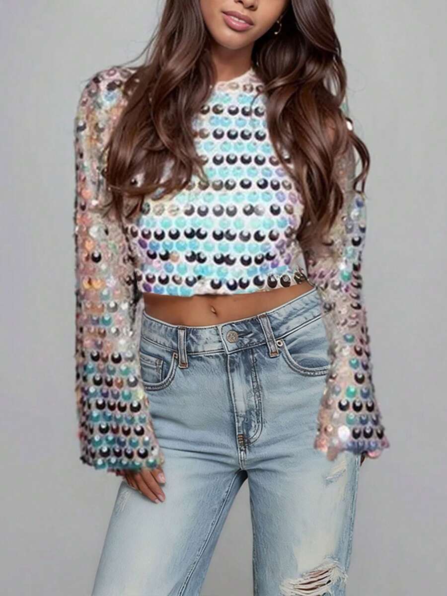 Women Y2K Sequin Long Sleeve Tops Sheer Mesh Bell Sleeve Shirt Blouse Glitter Sparkly Mesh Crop Top Streewear - trắng - Xem 1