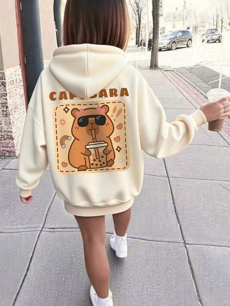 1pc Tween Girls Casual Printed Pullover Sweatshirt, Thermal Lined, Long Sleeve, Autumn/Winter Student Clothing - Apricot - View 1