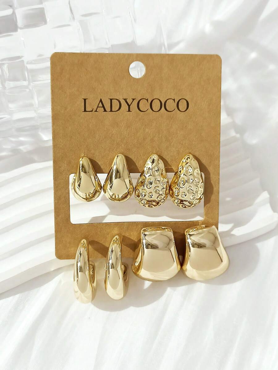 LADYCOCO 4 对优雅金色泪珠/几何 C 形耳环套装，适合女性 - 适合日常佩戴和送礼