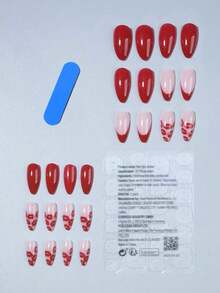 24pcs/Set Press On Nails Almond Cute Red Heart Pattern Perfect Fit & Medium Length Fake Nail Design, Contain 1pc Jelly Glue And 1pc Nail File,Suitable For Women And Girls, Daily Life And Party Valentine's Day Use Nail Supplies - 多色 3 - 查看 4