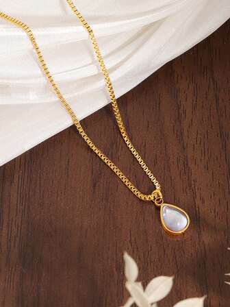 1pc Fashionable Aurora Gradient Moonstone Pendant Necklace, Titanium Steel Material Elegant Ladies Unique Luxury Teardrop Clavicle Chain