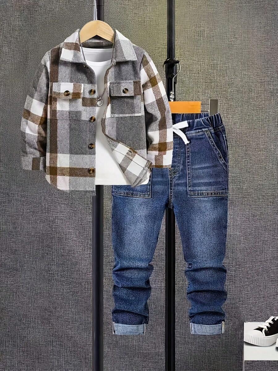 儿童格子衬衫牛仔裤套装（两件套），男童休闲格子衬衫搭配牛仔裤，经典款式 - 彩色 - 查看 1