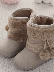 1双儿童靴，卡其色毛绒球雪地靴，软底防滑，中筒靴，适合男孩女孩户外、聚会、旅行、冬季穿着 - 米色 - 查看 2