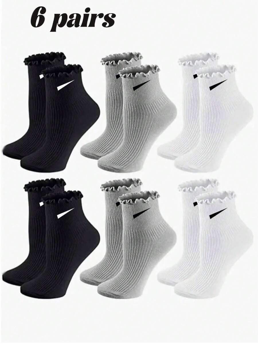 6 Paar Damen Socken mit einfarbigem Rüschensaum in Knöchellänge, Schwarz Weiß Grau, süß & modisch, bequeme Lässig socken geeignet für den täglichen Gebrauch, Reisen, Schule und Rock-Kombinationen, ganzjährig