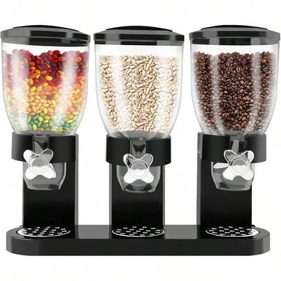 Cereal Dispenser CountertopTriple Cereal Dispenser Dry Food Storage Container Large Capacity Cereal Containers Triple Food Dispenser For Cereal Nuts Candy Dry Food Black