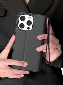 翻盖式真皮钱包手机壳，带挂绳，适用于