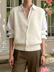Women's Knit Sweater Vest Fashionable Versatile Solid Color Sleeveless V Neck Button Down Cardigans - Milky - View 5