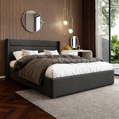 Polsterbett mit Hydraulikfunktion und Komplettset, 140x200 cm Doppelbett in Grau aus Leinen, inklusive Matratze und Holzlattenrost mit Metallunterbau