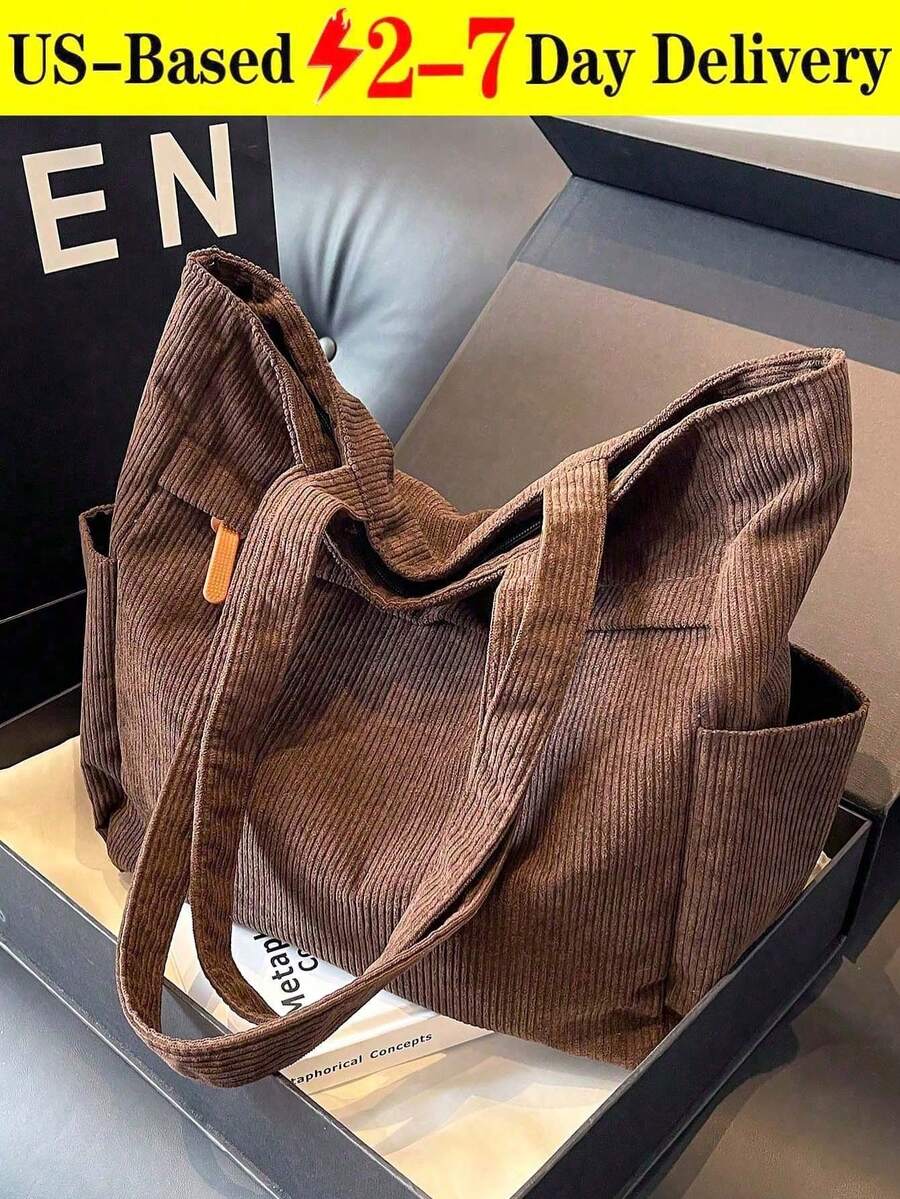 『US-Based Shipping』Simple Solid Color Multiple Pockets Shoulder Bag Corduroy Hobo Tote Bag For Women, Casual Crossbody Bag Large Capacity Purse Bucket Bag, Shoulder Satchel Daypack For Outdoor Travel Commuting Work, Vintage Satchel Shopping Bag College Computer Bags Large Capacity, Lightweight, Portable, Suitable For Teen ,,Bolsos Para Mujer,Tote Bags For Women,Bags For Women,Shoulder Bag,Carteras,Carteras Para Mujer,Bolsas,Designer Handbags,Crossbody Bags For Women,Mochilas Para Mujer,Handbags For WomenGirls Women College Students, Perfect For Back To School, New Fall Fashion 2025 For Women,Large Capacity Casual Outdoor Vacation Travel Shoulder Bag, Lightweight Versatile Shopping Groceries Storage Handbag, Portable Multi-Pocket Commuting Bags For Daily Office Work, Large School Tote Bag, Multiple Compartments, Perfect For Beach, School, Work & Daily Use, Literary School Bag & Bookbag For Women Or Students - Cà phê nâu - Xem 1