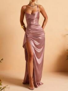 WOWDARK 夏季连衣裙，粉色缎面吊带裙，褶皱细肩带侧开衩设计，优雅派对礼服，适合情人节、约会、聚会、派对、旅行、度假、海滩婚礼等场合。 - 藕粉色 - 查看 2