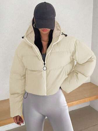 女士羽绒服，时尚短款羽绒服，带帽羽绒服，秋冬外套，女士休闲拉链蓬松连帽羽绒服 - 长袖外套