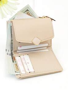 MINGYOU 时尚精致柔软荔枝扣短款多功能大容量钱包多功能拉链便携学生卡夹硬币可爱适合年轻学生礼物女士钱包钱包小钱包 - 杏色 - 查看 1