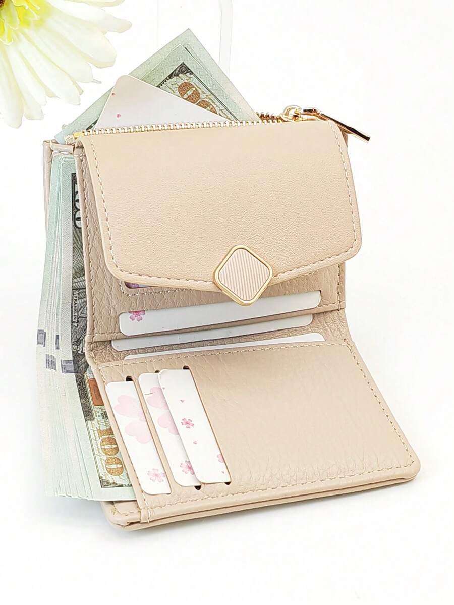 MINGYOU 时尚精致柔软荔枝扣短款多功能大容量钱包多功能拉链便携学生卡夹硬币可爱适合年轻学生礼物女士钱包钱包小钱包 - 杏色 - 查看 1