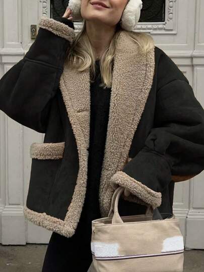 1件女士复古翻领宽松人造毛皮外套