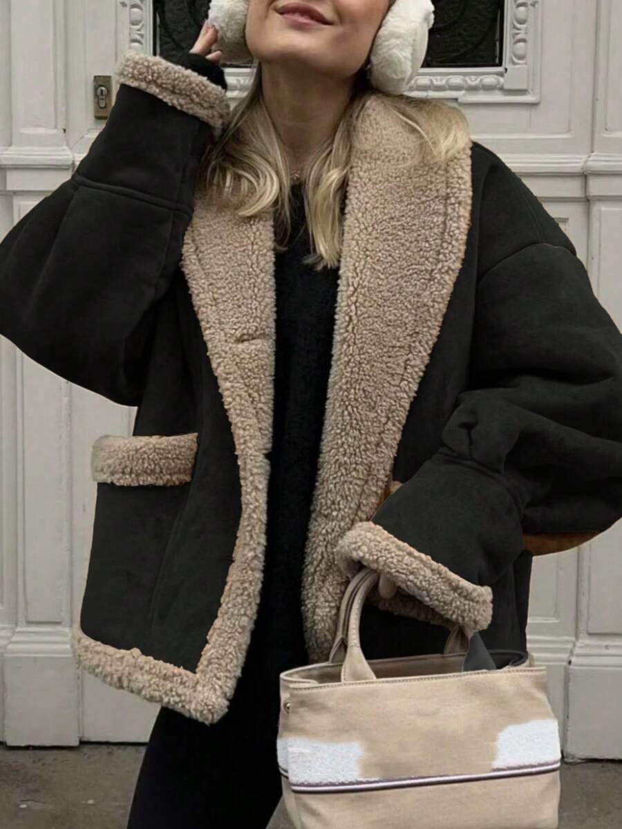 1pc Women's Autumn/Winter Cardigan, Button Closure, Retro Lapel, Loose Fit Faux Fur & Wool Blend Jacket - Black - View 1