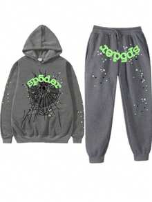 Spider Web & Floral Print Hip-Hop Hoodie Set – USA Trending Oversized Loose Fit, Unisex Men's & Women's Streetwear, Bold Graphic Pullover Sweatshirt, European-American Style Fashion Pick - Grey - View 1