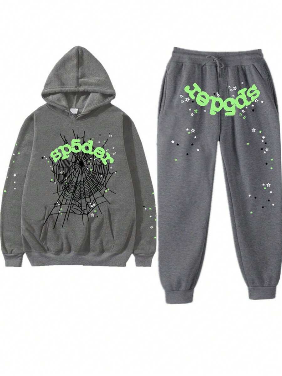 Spider Web & Floral Print Hip-Hop Hoodie Set – USA Trending Oversized Loose Fit, Unisex Men's & Women's Streetwear, Bold Graphic Pullover Sweatshirt, European-American Style Fashion Pick - Grey - View 1