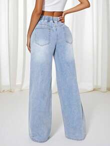 Women's Fashion Elastic Waist Loose Wide Leg Jeans, Casual Solid Color Pants, Casual, Cute, Sexy Woven Fabric, Comfortable Cotton Blend, Cool Spring/Summer New Arrival - Light Wash - View 3