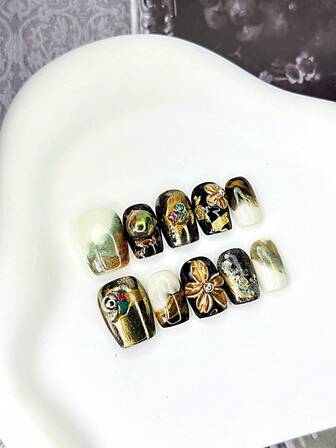 10pcs Square Press On Nails With Black, Gold, White, Green & Other Retro - Luxury Toned Bases, 3D Flower Decor (Rhinestone - Accented), Gold Foil Elements, Artistic Smudge & Colorful Rhinestone Accents Design Shiny 100% Handmade Press On Acrylic Nails Reusable Nail Supplies For Women's Party Or Art - Themed Occasions