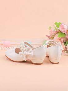 Chaussures de soirée à talon épais avec nœud blanc simple et décoration de perles, convenant aux occasions formelles, aux fêtes, aux mariages, aux représentations, au ballet, au style princesse. Confortables et polyvalentes pour les tout-petites, les petites et les grandes filles. - Blanc - Voir 10