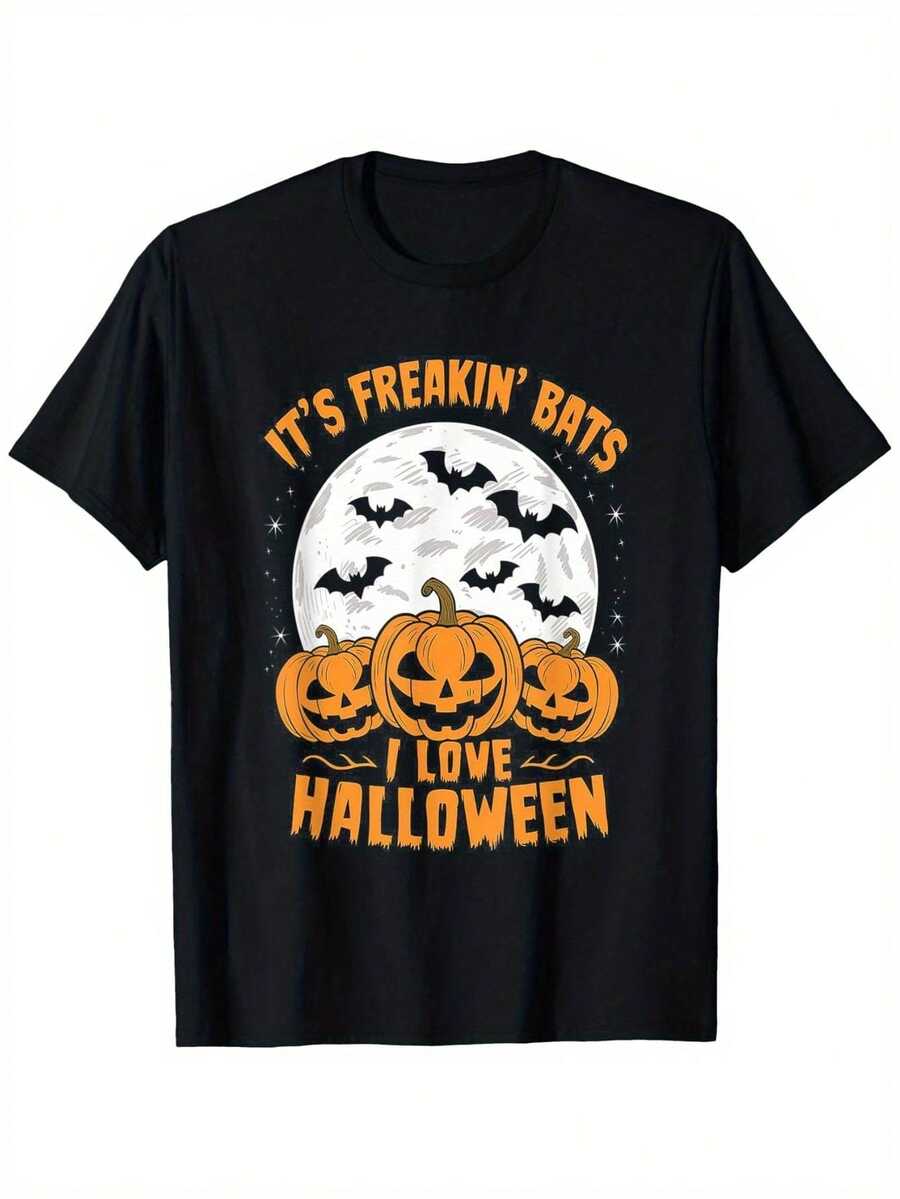 Camiseta Divertida "Amo los Murciélagos, Feliz Halloween" - Unisex Suave Pre-encogida 100% Manga Corta con Estampado de Murciélago, Calabaza y Luna - Tallas S-3XL para Hombres y Mujeres - Disfraz Espeluznante para Fiestas, Ropa Casual () - Regalo Ideal para Halloween