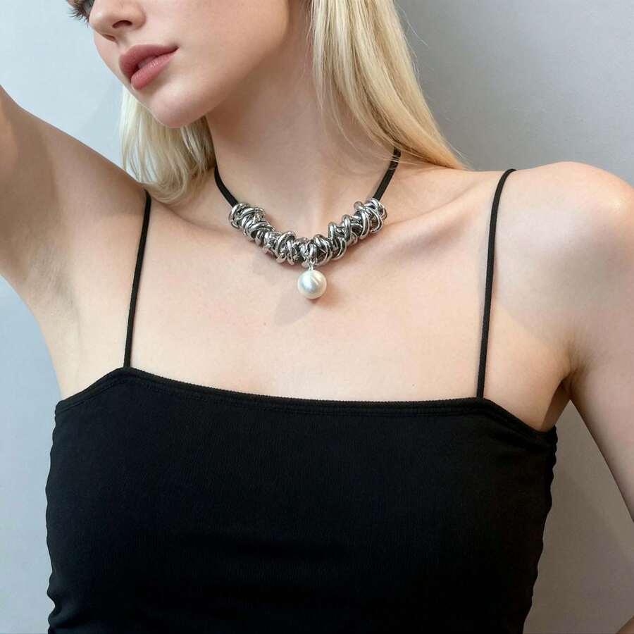1 pieza Collar asimétrico de cadena y cordón negro, versátil collar gargantilla elegante y atrevido