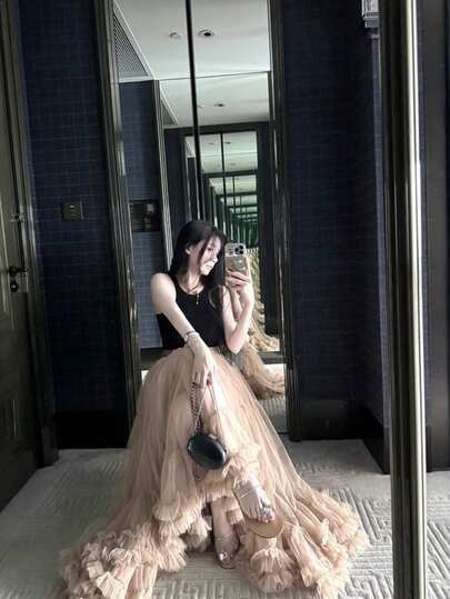 1 pieza Falda acampanada de cintura alta con diseño de dobladillo voluminoso