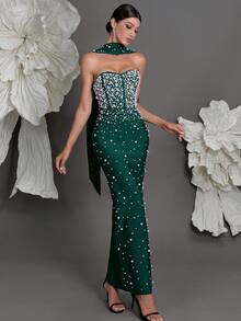 Knitted Bandage Bodycon Dress, Embellished With Rhinestones, Luxury European Style, Slim Fit, Mermaid Hem, Suitable For Family Gatherings, Parties, Cocktail Events