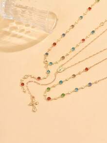 3 件/套复古金色金属耶稣十字架 Y 形长项链，波西米亚风彩色水晶吊坠项链套装，适合女性日常和节日佩戴，送给朋友的礼物（手工制作，长度可调，玻璃水晶颜色和珠子数量随机） - 3件套 - 查看 3