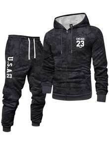 2pcs Men's Spring Autumn Tie-Dye Washed Zip-Up Hoodie Sweatshirt And Drawstring Jogger Pants Set, Letter & Number Print Pattern, Hooded Sweatshirt With Drawstring And Pockets, Pants With Drawstring Waist, Suitable For Street Fashion, Jogging, Commuting, Travel, Outdoor, Ideal Gift For Husband Or Boyfriend In Spring, Autumn And Winter - Multicolor - View 1