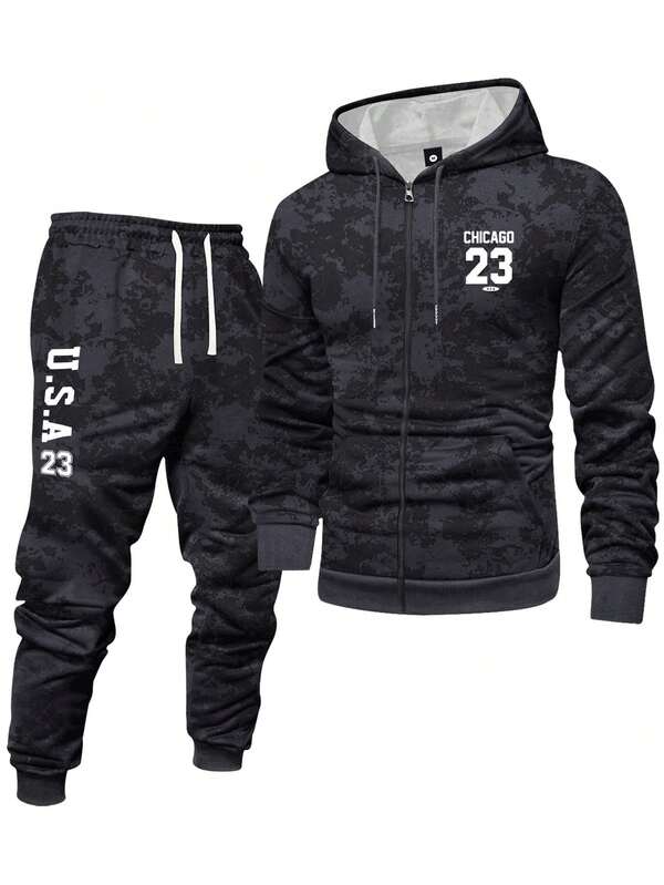 2 piezas Conjunto de sudadera con capucha y pantalón de chándal con estampado de letras y números, sudadera con capucha con cordón y bolsillos, pantalón con cintura con cordón, adecuado para moda urbana, trotar, ir al trabajo, viajes, actividades al aire libre, regalo ideal para esposo o novio en primavera, otoño e invierno