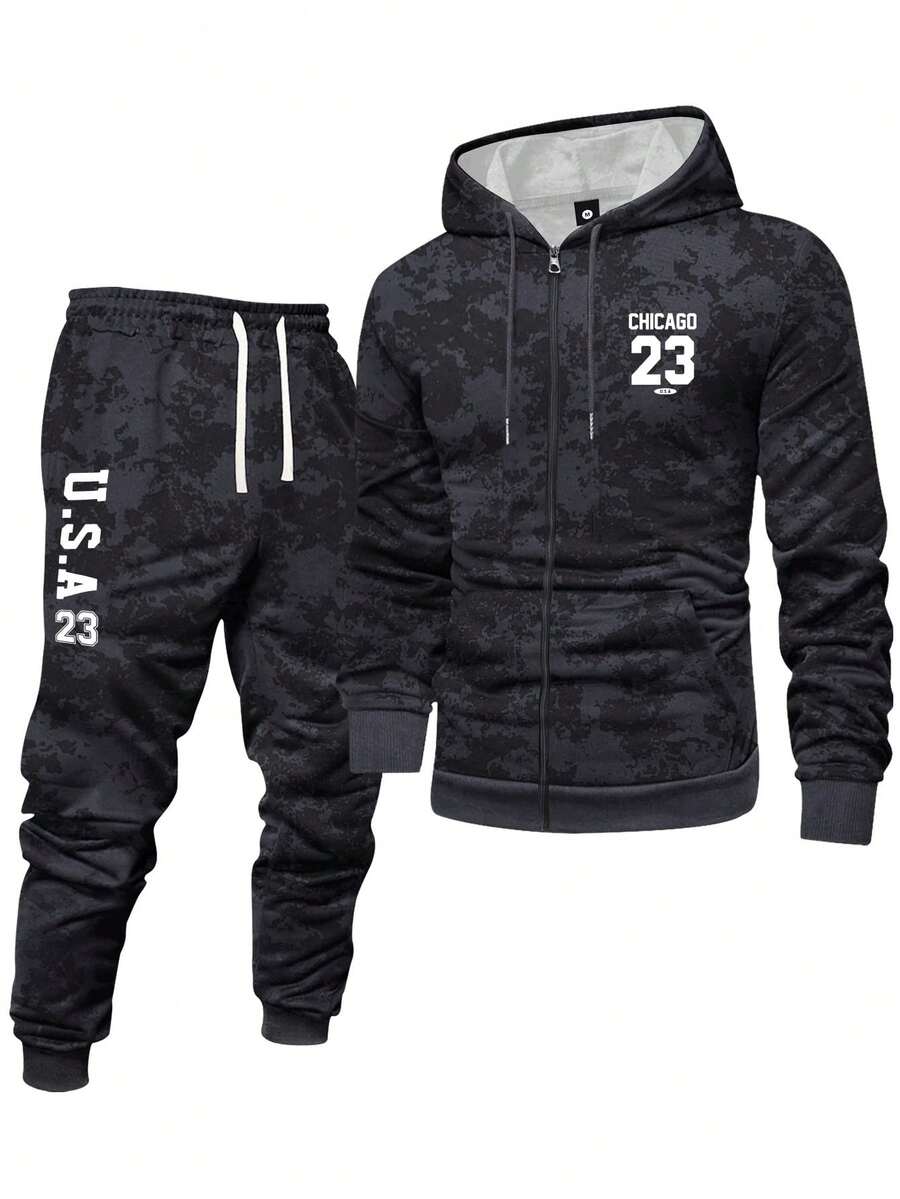 2pcs Men's Spring Autumn Tie-Dye Washed Zip-Up Hoodie Sweatshirt And Drawstring Jogger Pants Set, Letter & Number Print Pattern, Hooded Sweatshirt With Drawstring And Pockets, Pants With Drawstring Waist, Suitable For Street Fashion, Jogging, Commuting, Travel, Outdoor, Ideal Gift For Husband Or Boyfriend In Spring, Autumn And Winter - Multicolor - View 1