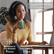Volhoply - Taza de café con asa de acero inoxidable y aislamiento hermético, con tapa corrediza y popote, mantiene el frío y el caliente, tazas de campamento, 2 piezas, 355 ml, blanco - Verde militar - Ver 7