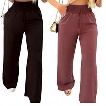 Women's Polyester Wide Leg Long Trousers With Pockets, Medium Stretch Fabric - Black + Beige - View 2