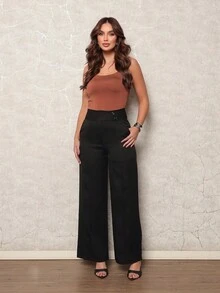 Calça Pantalona feminina em alfaiataria com Bolso 2 botoes cintura alta - Preto - Visão 5