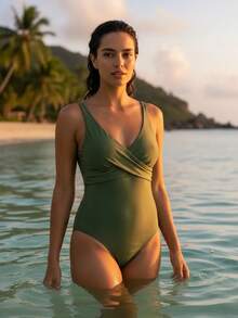 Plus Size Beach And Pool Swimsuit Elegant Feminine Comfort And Style With Removable Pads - 軍綠色 - mo8000 - 查看 8