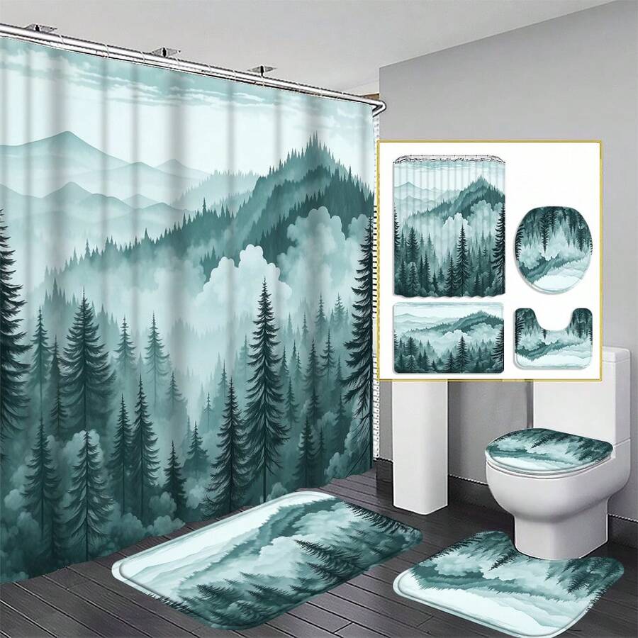 1/4 piezas Juego de cortina de ducha del bosque brumoso azul y verde, cortina de baño con paisaje de montaña, juego de cortina de baño decorativa impermeable con escenario de árboles de pino rústicos y naturales (con ganchos)