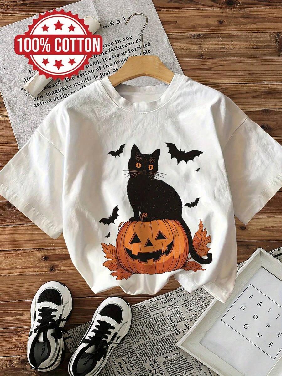 Women's Vintage Gothic Black Cat & Bat Print 100% T-Shirt - Short Sleeve Crew Neck Casual Top with Jack-O'-Lantern & Bats Design for Halloween & Casual Attire, Spring/Summer Comfort, Witch & Mummy Costume Party Outfit, Retro Style White Tee with Black Cat & Pumpkin Graphic, Machine Washable, Relaxed Fit for Layering