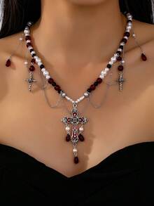 1 Pc Women Gothic Style Cross Pendant Necklace , Bloody Styles Beaded Necklaces , Y2K Punk Style Vampire Jewelry