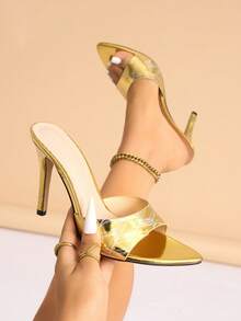 Dép cao gót họa tiết gợn sóng dành cho nữ, phong cách cổ điển cho tiệc xuân/hè, tiệc tối, ngoài trời, thời trang, sân khấu, thường ngày ở nhà, giày cao gót mũi nhọn, chất liệu kim loại sang trọng, dép cao gót màu vàng thanh lịch - Vàng - Xem 2