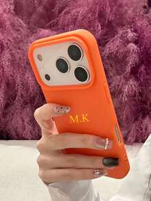 Funda personalizada con patrón de imitación de piel de lichi con elementos iniciales del alfabeto, compatible con iPhone 17, 16, 15, 14 Pro Max, 13, 12, 11 Plus, X, XS, XR. Gran regalo para cumpleaños, aniversario, boda, primavera, vacaciones para hombres, mujeres, padres - Naranja - Ver 3