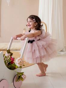 Baby Girls' Pink Bow Contrast Color Elegant Party Dress, Princess Dress Suitable For 1st Birthday Party, Wedding, Holiday Celebration - Pink - View 2