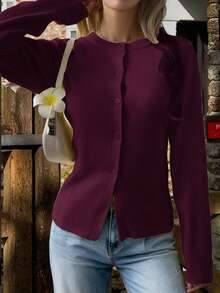 Live To Mo Fspring Break Outfits Brown Top Cardigan With Long Sleeves And Buttons, Casual Y2K Style. Perfect For Valentine's Day, Going Out Tops Women And Daily Wear. - Purple - View 2