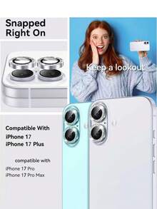 3片装相机镜头保护膜，兼容 16/16 Plus/17/17 Pro/17 Pro Max/17 Air，9H钢化玻璃镜头盖，金属环装饰配件，适用于手机壳（银色） - 銀色 - 查看 2