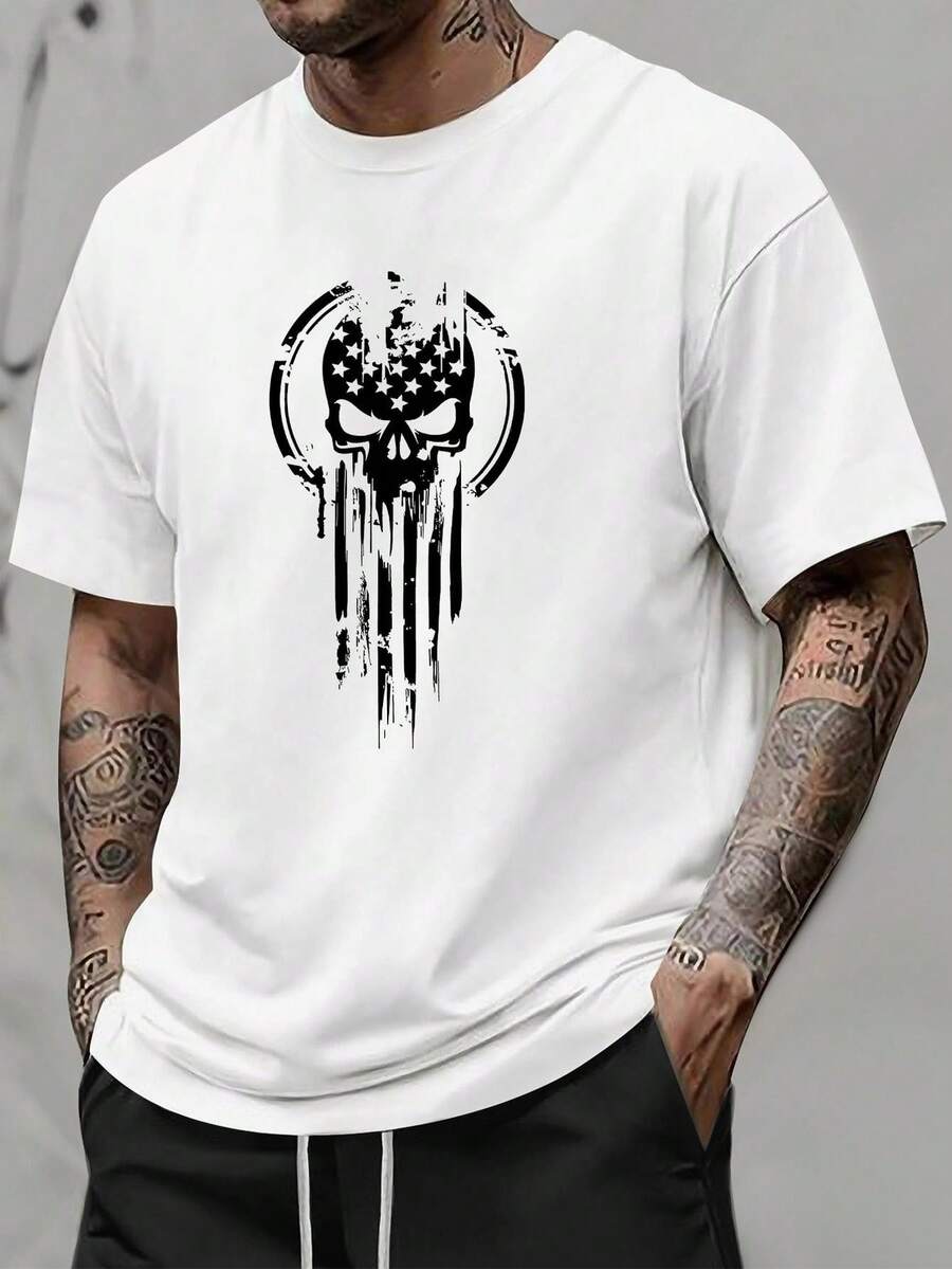 1 camiseta gráfica con estampado digital para hombre Calavera, bandera, estrellas, líneas. Camiseta casual de cuello redondo y manga corta. Camiseta de algodón ligera para las cuatro estaciones, lavable a máquina, no lavar en seco. - Blanco - Ver 1