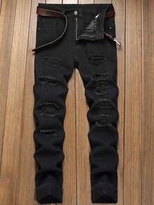 Men's Straight Slim-Fit White Casual Ripped Jeans Pants - Black - View 1