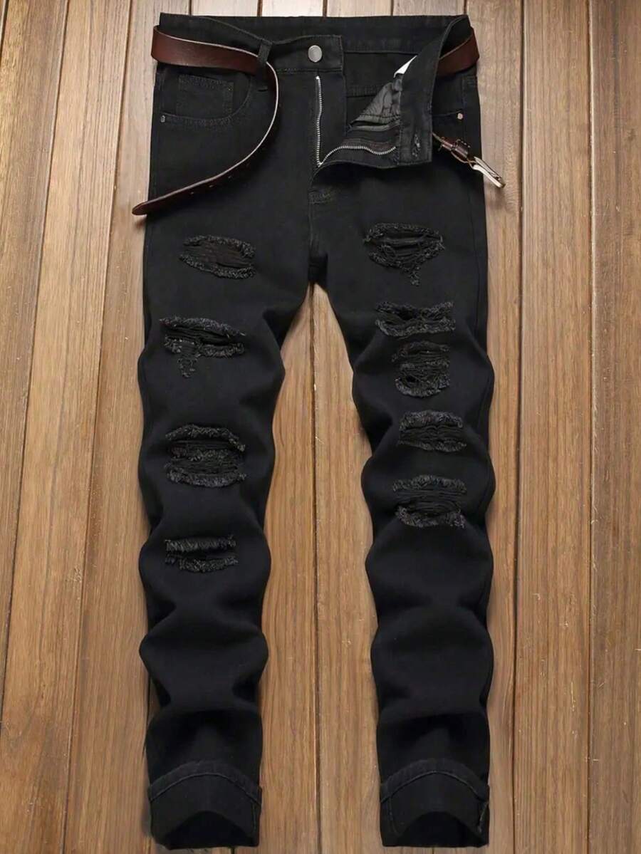 Men's Straight Slim-Fit White Casual Ripped Jeans Pants - Black - View 1