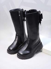 可爱蝴蝶结儿童靴子女童高筒靴幼儿和小孩厚底靴公主高筒靴温暖冬季雪地靴 - 黑色 - 查看 3